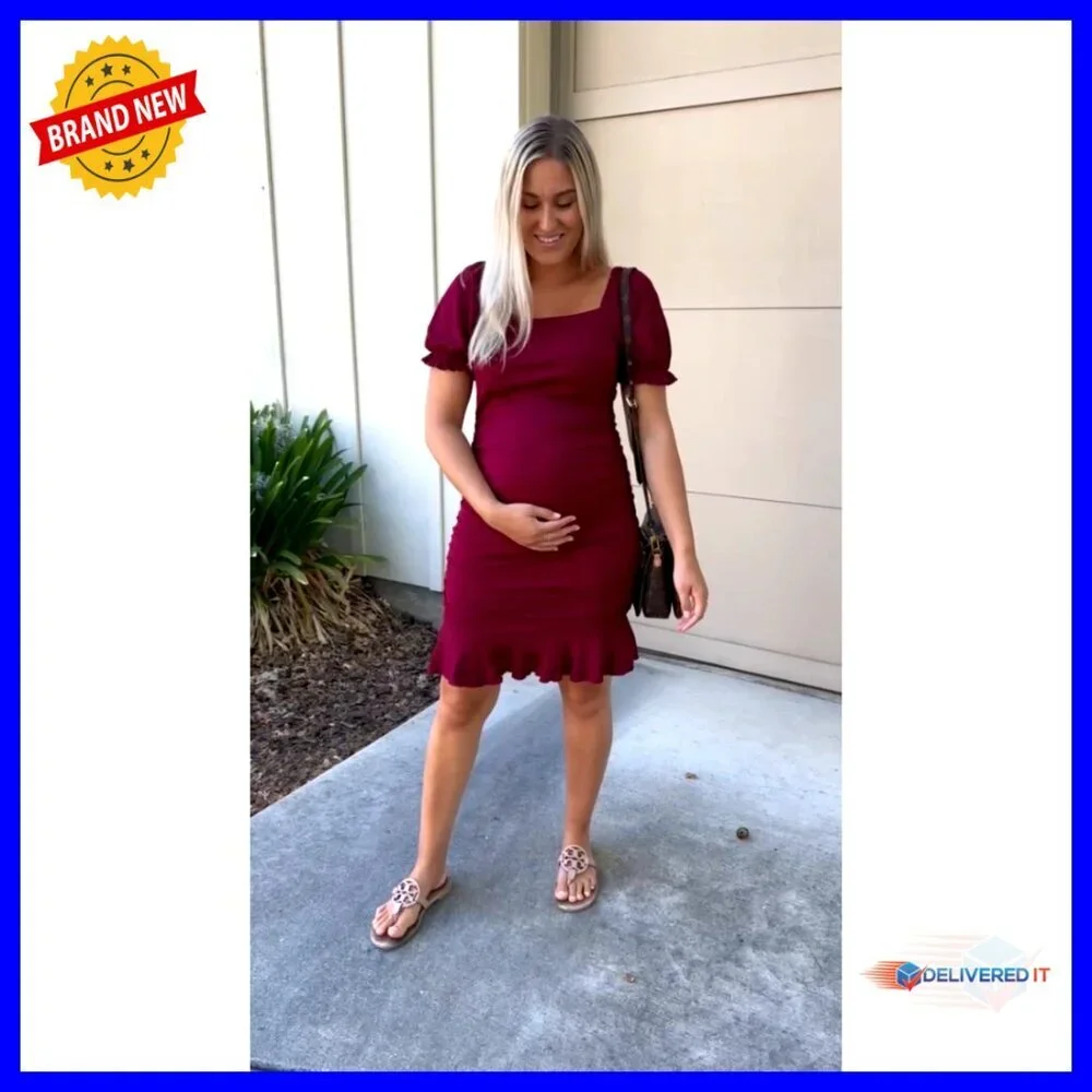 Maternity Bodycon Dress with Puff Sleeves, Square Neck, Ruffle Hem for Baby
